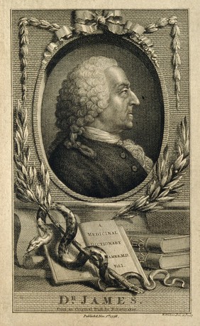 Robert James. Line engraving by W. Walker, 1778, after P. Scheemakers.