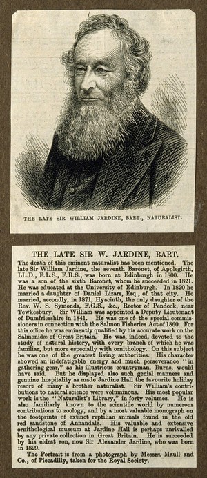 view Sir William Jardine. Wood engraving, 1874, after Maull & Polyblank.