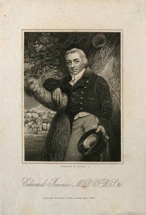 view Edward Jenner. Stipple engraving by R. Page, 1823, after J. R. Smith, 1800.