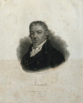 Edward Jenner. Line engraving by G. F. L. Jaquemot after P. R. Vignéron after J. R. Smith, 1800.