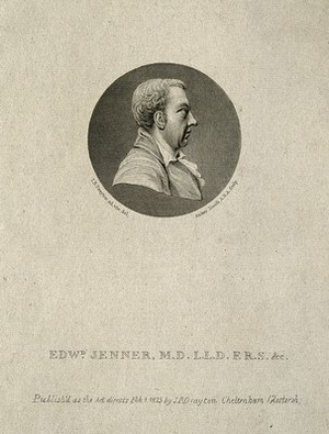 view Edward Jenner. Line engraving by A. Smith, 1823, after J. B. Drayton, 1805.
