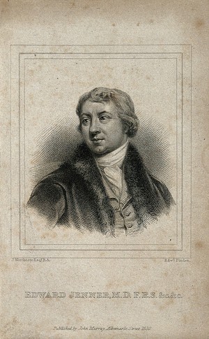 view Edward Jenner. Stipple engraving by E. Finden, 1830, after J. Northcote, 1802.