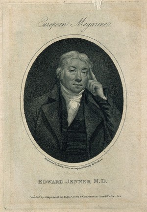 view Edward Jenner. Stipple engraving by W. Ridley, 1804, after J. Northcote, 1803.