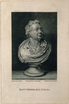 Edward Jenner. Mezzotint by T. Hodgetts after A. Chalon after C. Manning, 1805.