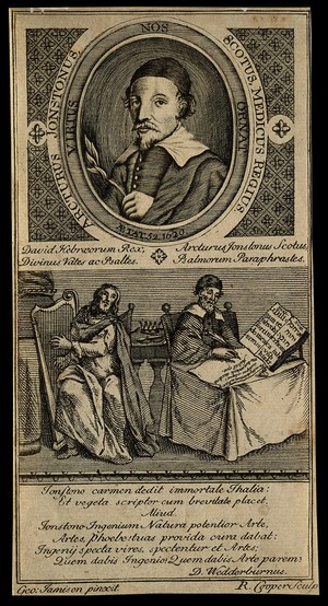 view Arthur Johnston [Jonston]; and King David reciting the psalms. Line engraving by R. Cooper, 1739, after G. Jamesone.