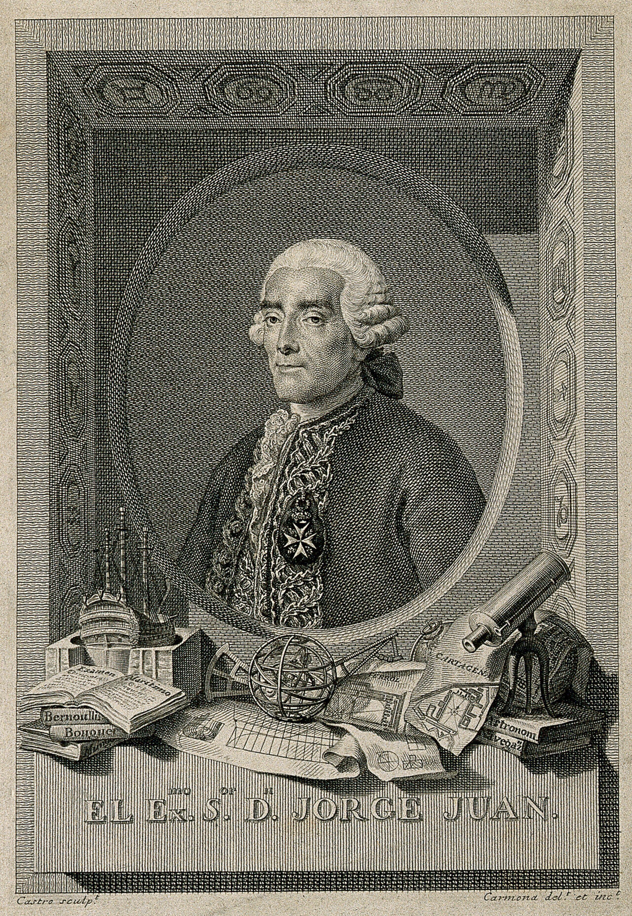 Jorge Juan. Line engraving by S. Carmona after F. de Castro., by Felipe de Castro