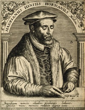 Adrianus Junius [Adriaen de Jonghe]. Line engraving by T. de Bry.