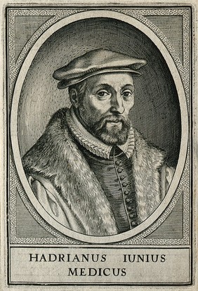 Adrianus Junius [Adriaen de Jonghe]. Line engraving by W. I. Swanenburg, 1609.