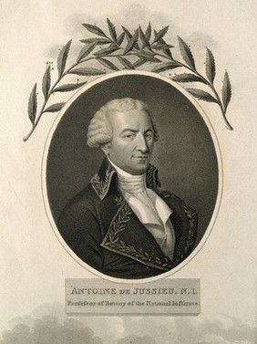 Antoine de Jussieu, with a vignette of the Tuileries. Stipple engraving by W. Evans, 1803, after Thévenin and T. Girtin.