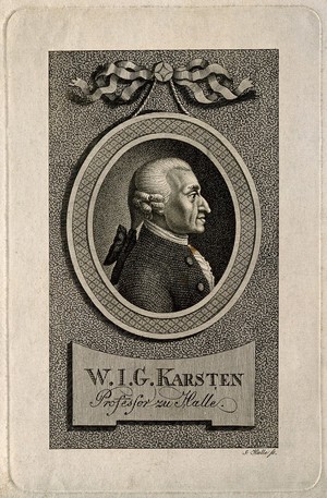 view Wenzeslaus Johann Gustav Karsten. Stipple engraving by S. Halle.