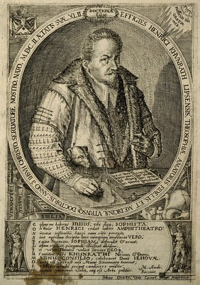 Heinrich Khunrath. Line engraving by J. Diricks van Campen, 1602.