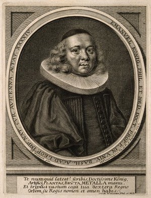 view Emanuel Koenig. Line engraving by J. J. Thourneyser, senior & junior, 1703, after J. F. Wettstein.