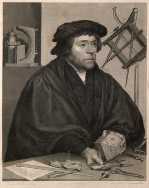 view Nicholas Kratzer. Line engraving by F. J. Dequevauviller after G. Anastasi after H. Holbein.