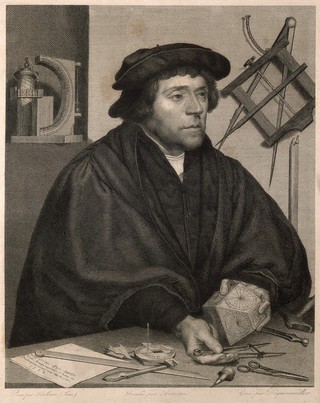 Nicholas Kratzer. Line engraving by F. J. Dequevauviller after G. Anastasi after H. Holbein.