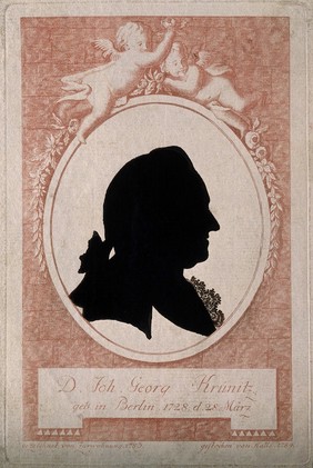 Johann Georg Kruenitz. Indian ink silhouette over pink line engraving by Halle, 1784, after Zurwohnung, 1783.