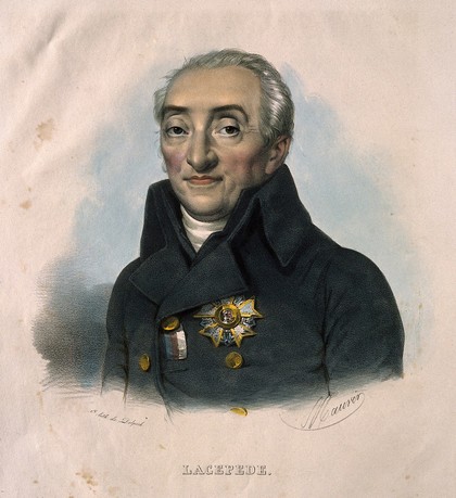 Bernard Germain Étienne de la Ville-sur-Illon, Comte de Lacépède. Coloured lithograph by N. E. Maurin.