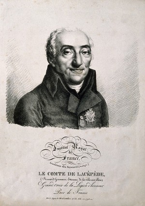 view Bernard Germain Étienne de la Ville-sur-Illon, Comte de Lacépède. Lithograph by J. Boilly, 1820.