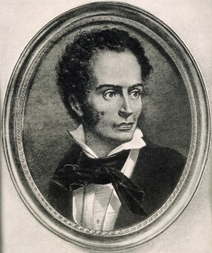 view René Théophile Hyacinthe Laënnec. Process print after a painting on ivory.