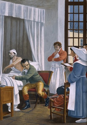 view René Théophile Hyacinthe Laënnec auscultating a tuberculous patient at the Necker Hospital, Paris. Gouache after T. Chartran.