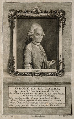 Joseph Jérome de Lalande. Line engraving by C. F. Fritschius after A. Pujos, 1773.