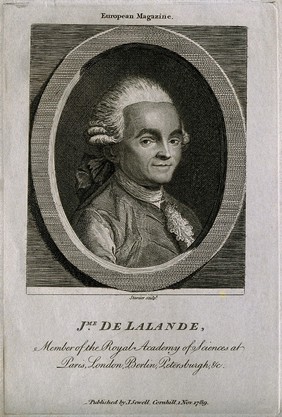 Joseph Jérome de Lalande. Line engraving by R. Stanier, 1789, after A. Pujos, 1773.