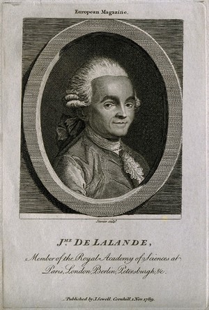 view Joseph Jérome de Lalande. Line engraving by R. Stanier, 1789, after A. Pujos, 1773.