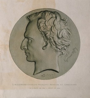 view Claude François Lallemand. Line engraving by A. Collas after P. J. David, 1835.