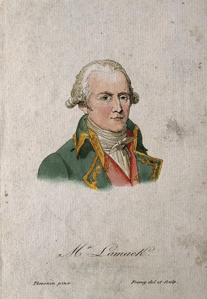 view Jean Baptiste Pierre Antoine de Monet Lamarck. Coloured etching by J. M. Frémy after C. Thévenin, 1801.