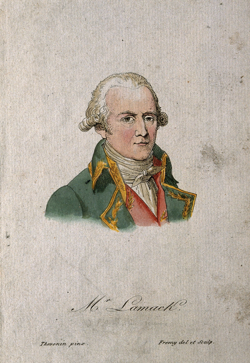 Jean Baptiste Pierre Antoine de Monet Lamarck. Coloured etching by J. M. Frémy after C. Thévenin, 1801., by Charles Thévenin