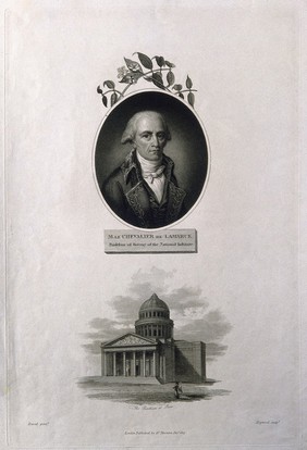 Jean Baptiste Pierre Antoine de Monet Lamarck; with a view of the Pantheon, Paris. Stipple engraving by J. Hopwood, 1805, after J. L. David and by S. Porter.