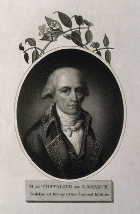 Jean Baptiste Pierre Antoine de Monet Lamarck; with a view of the Pantheon, Paris. Stipple engraving by J. Hopwood, 1805, after J. L. David and by S. Porter.