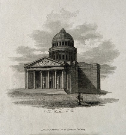 Jean Baptiste Pierre Antoine de Monet Lamarck; with a view of the Pantheon, Paris. Stipple engraving by J. Hopwood, 1805, after J. L. David and by S. Porter.