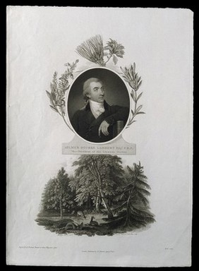 Aylmer Bourke Lambert: portrait and vignette of deer in a clearing. Stipple engraving by W. Holl, 1805, after J. Russell, and by J. Landseer, 1805, after P. Reinagle.