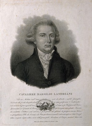 view Marsilio Landriani. Stipple engraving by G. Rados, junior, after Bruni.