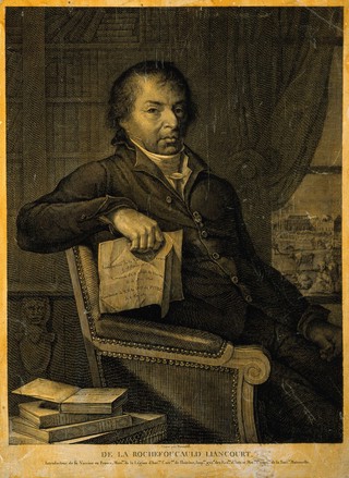 François Alexandre Frédéric, Duc de Larochefoucauld-Liancourt. Line engraving by A. M. Monsaldy.