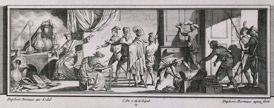 Antoine Laurent Lavoisier: his arrest by the revolutionaries while performing a chemical experiment. Etching by J. Duplessi-Bertaux after himself, 1798.