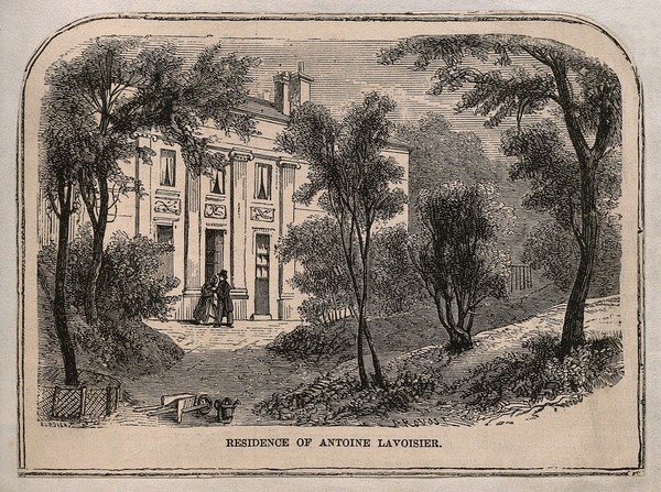 The residence of Antoine Laurent Lavoisier in Paris at Boulevard de la Madeleine, no. 11. Wood engraving by Cordier after Provost.