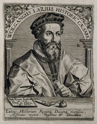 Wolfgang Lazius. Line engraving by T. de Bry.