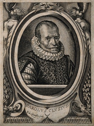 Charles de l'Ecluse [Clusius]. Line engraving by N. de Larmessin, 1682, after J. de Gheyn, 1601.