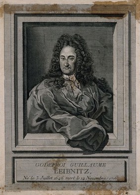 Gottfried Wilhelm, Baron von Leibniz. Line engraving by P. Savart, 1768, after E. Ficquet.