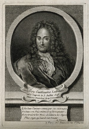 view Gottfried Wilhelm, Baron von Leibniz. Line engraving.