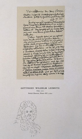 Gottfried Wilhelm, Baron von Leibniz: portrait, and facsimile of letter to Sir Hans Sloane about the discovery of calculus. Process print.