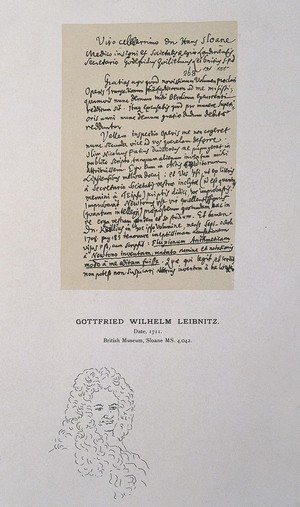 view Gottfried Wilhelm, Baron von Leibniz: portrait, and facsimile of letter to Sir Hans Sloane about the discovery of calculus. Process print.