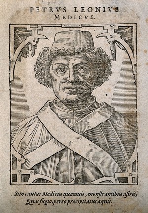 view Pietro Leoni. Woodcut by T. Stimmer, 1589.