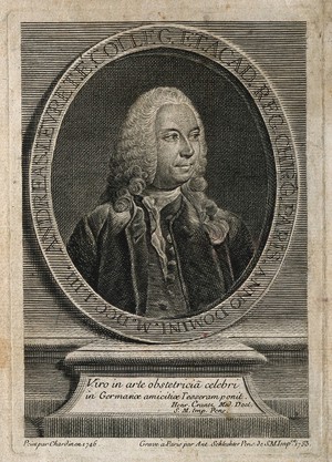 view André Levret. Line engraving by A. Schlechter, 1753, after J. B. S. Chardin, 1746.