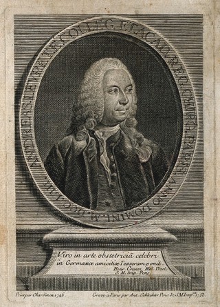 André Levret. Line engraving by A. Schlechter, 1753, after J. B. S. Chardin, 1746.