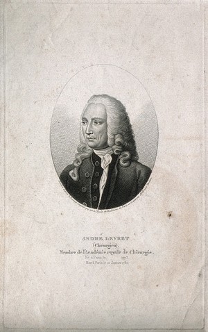 view André Levret. Stipple engraving by A. Tardieu after J. B. S. Chardin, 1746.