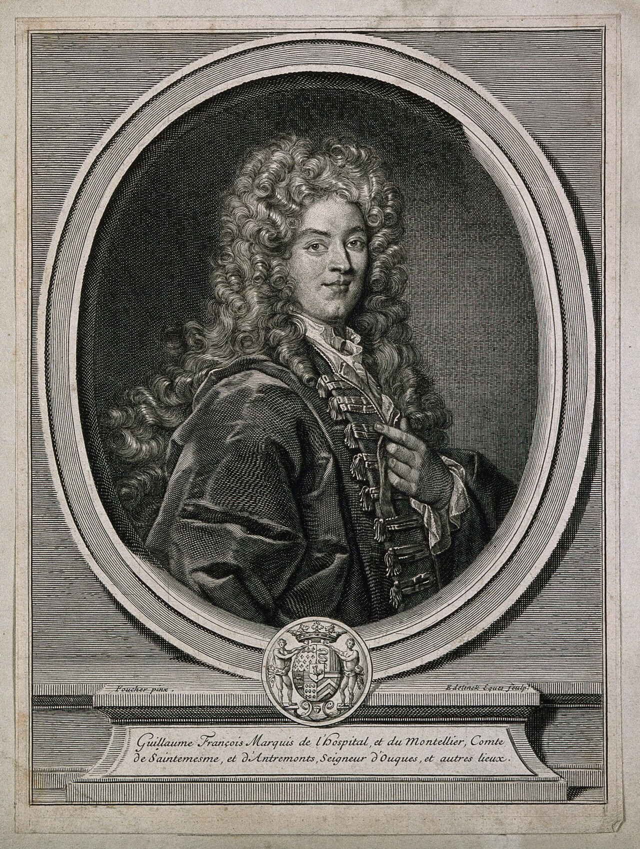 Guillaume François Antoine, Marquis de L'Hospital. Line engraving by G. Edelinck, ca. 1695, after N. Foucher (Fouché)., 1690-1699, by Nicolas Fouché