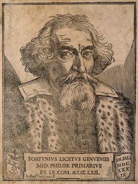 Fortunius Licetus. Woodcut by G.B. Coriolano, 1639.