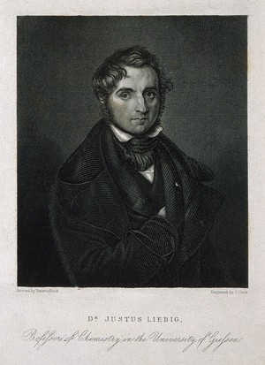 view Justus von Liebig. Stipple engraving by J. Cook, 1844, after W. Trautschold, 1840.